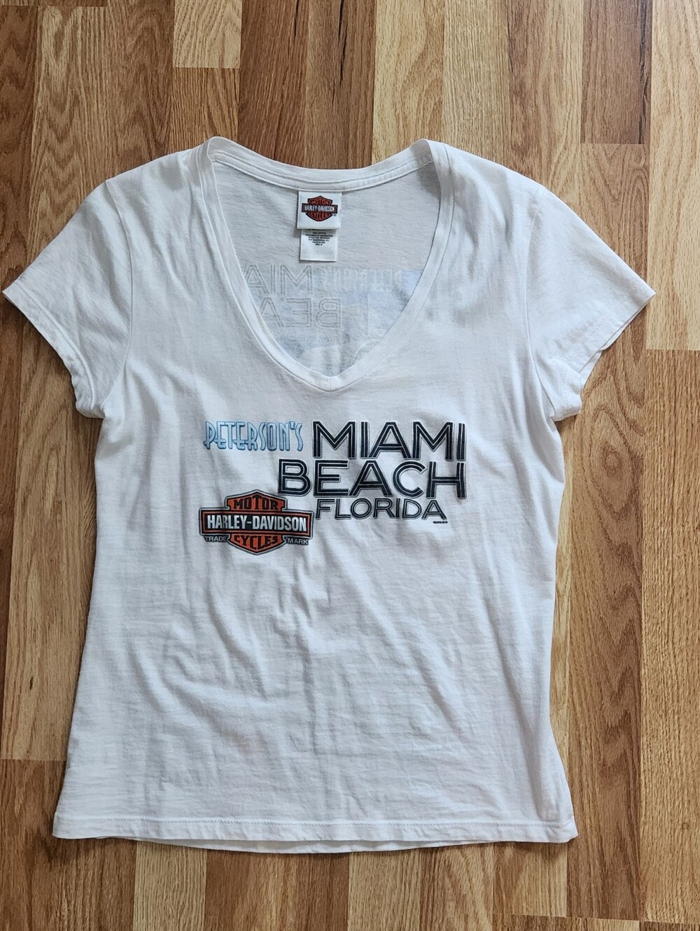 Harley-Davidson White V-Neck Miami Beach Florida Graphic Tee